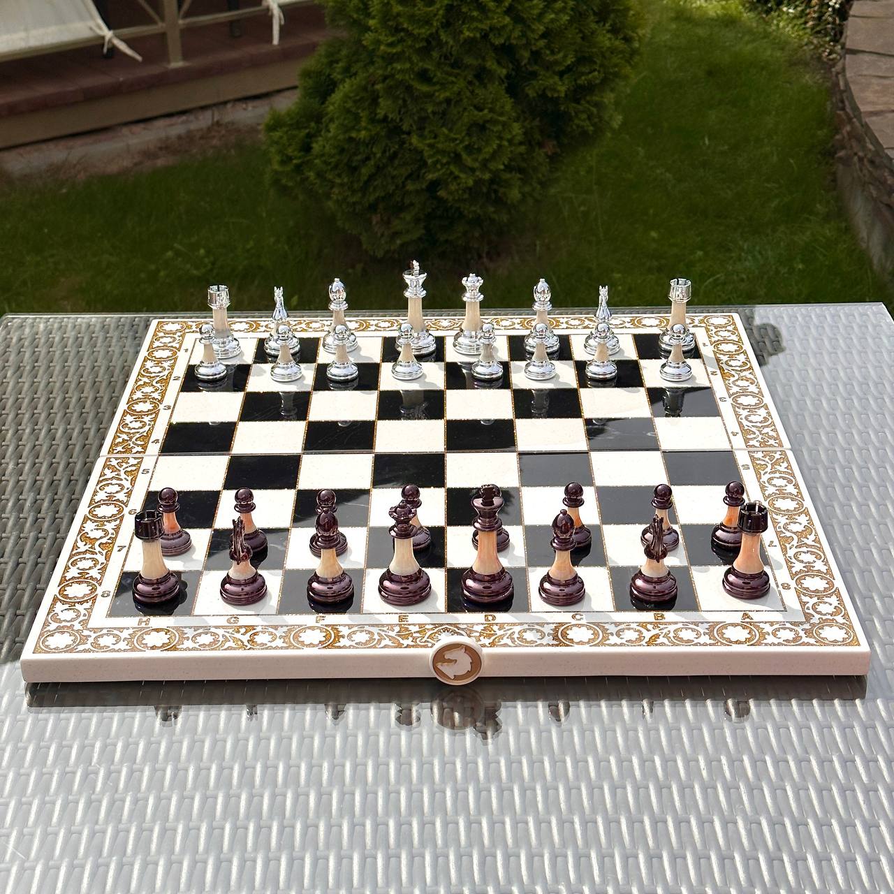 White Carved Stone Chess Backgammon & Checkers Set – Large 23”