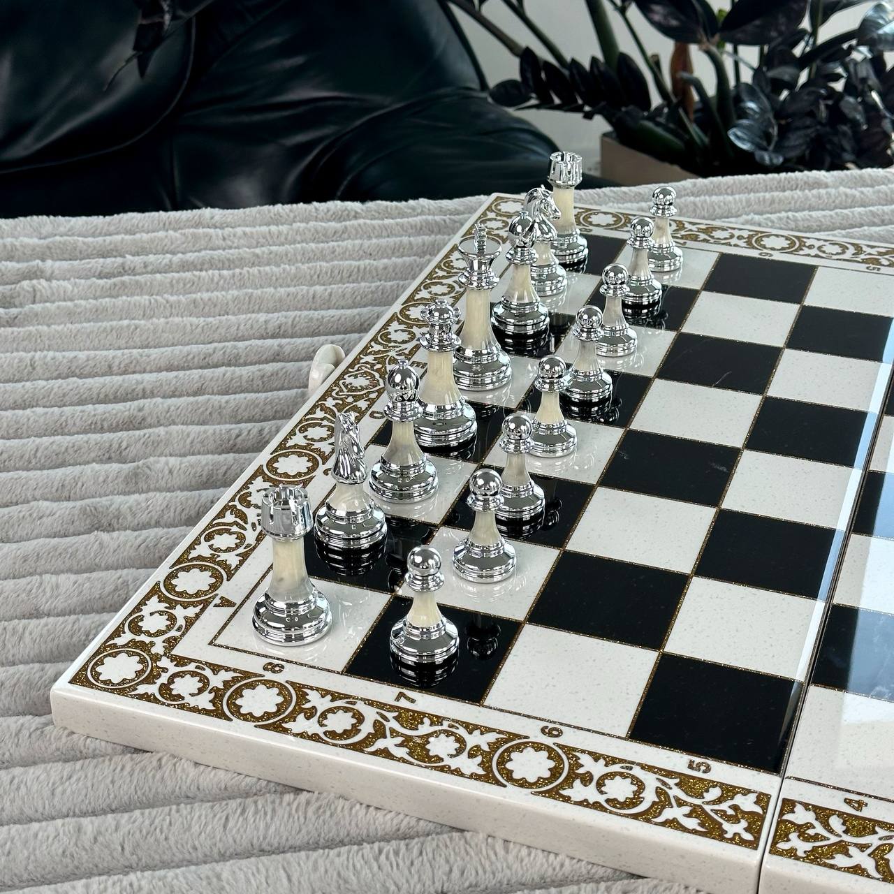 White Carved Stone Chess Backgammon & Checkers Set – Large 23”