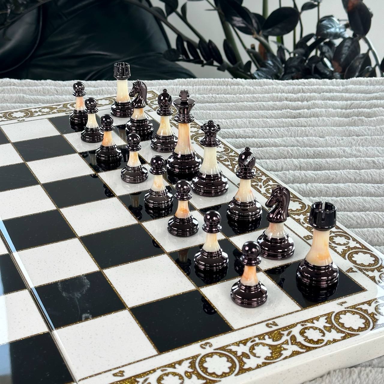 White Carved Stone Chess Backgammon & Checkers Set – Large 23”