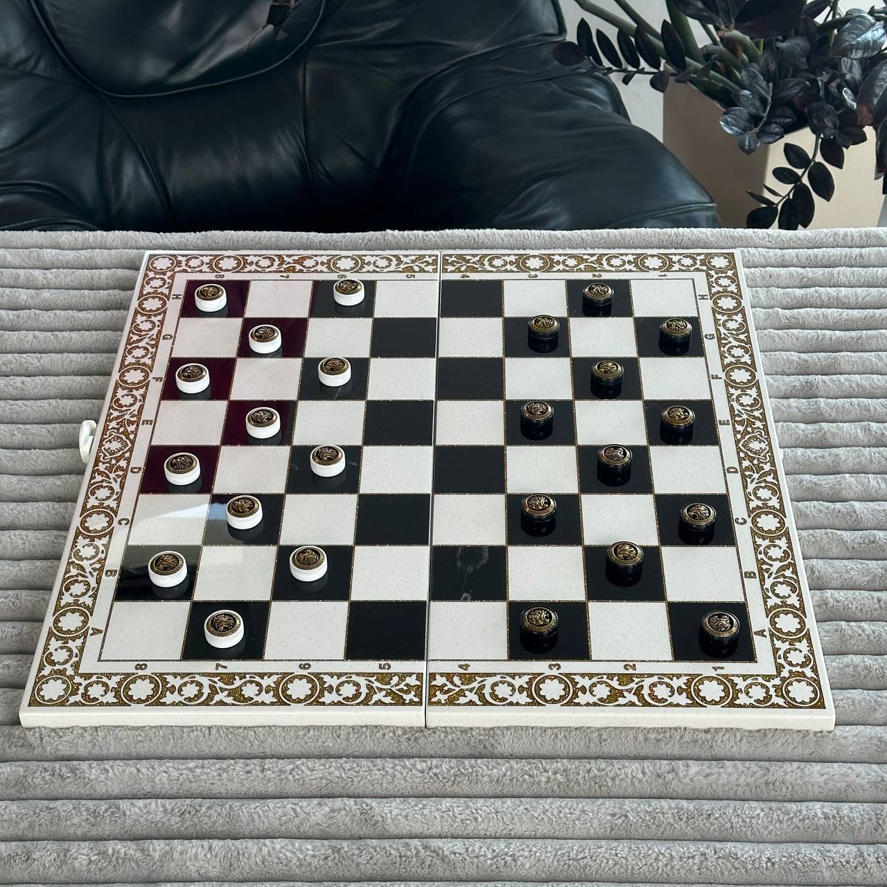 White Carved Stone Chess Backgammon & Checkers Set – Large 23”