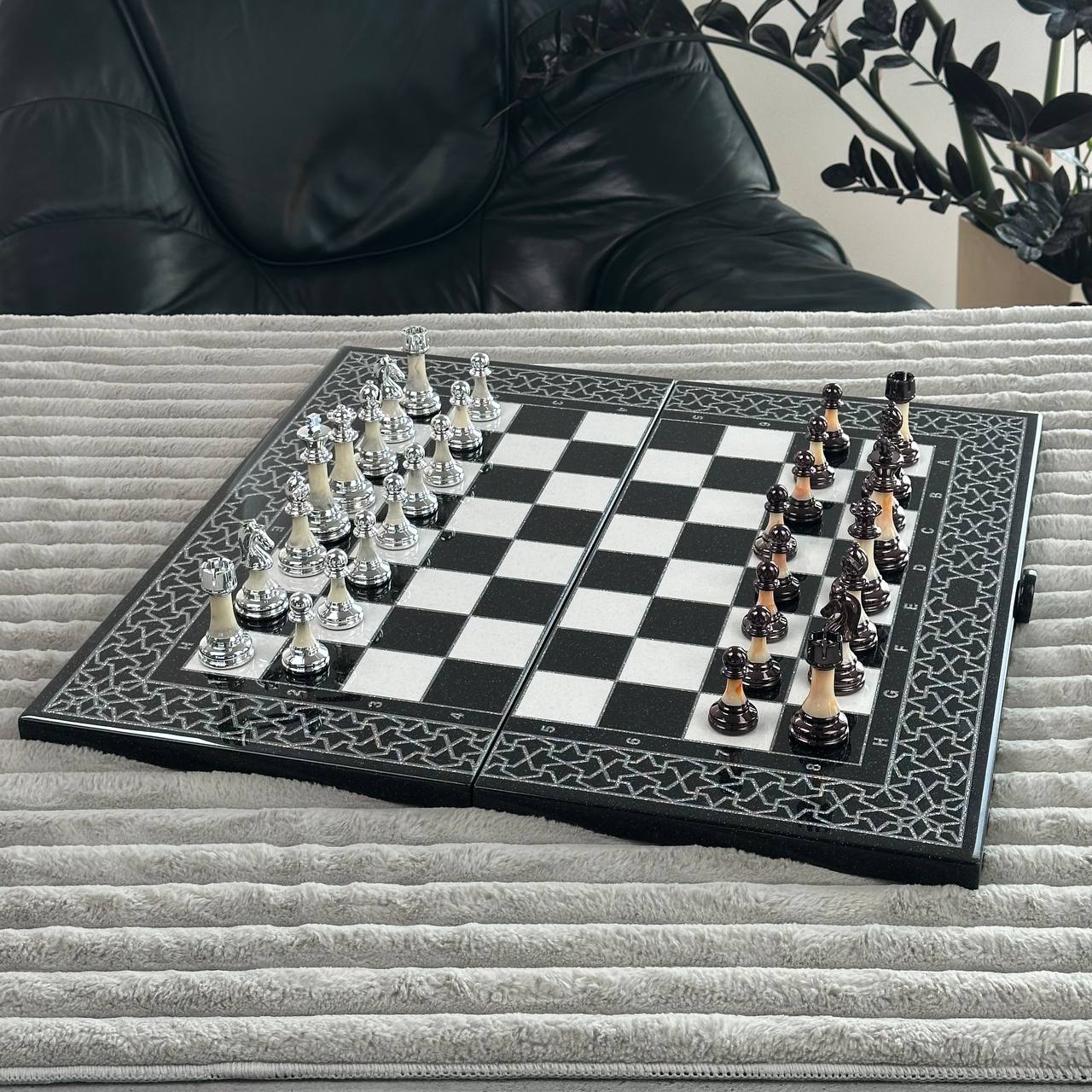 Lion Collection Stone Chess Backgammon & Checkers Set – Large 23”