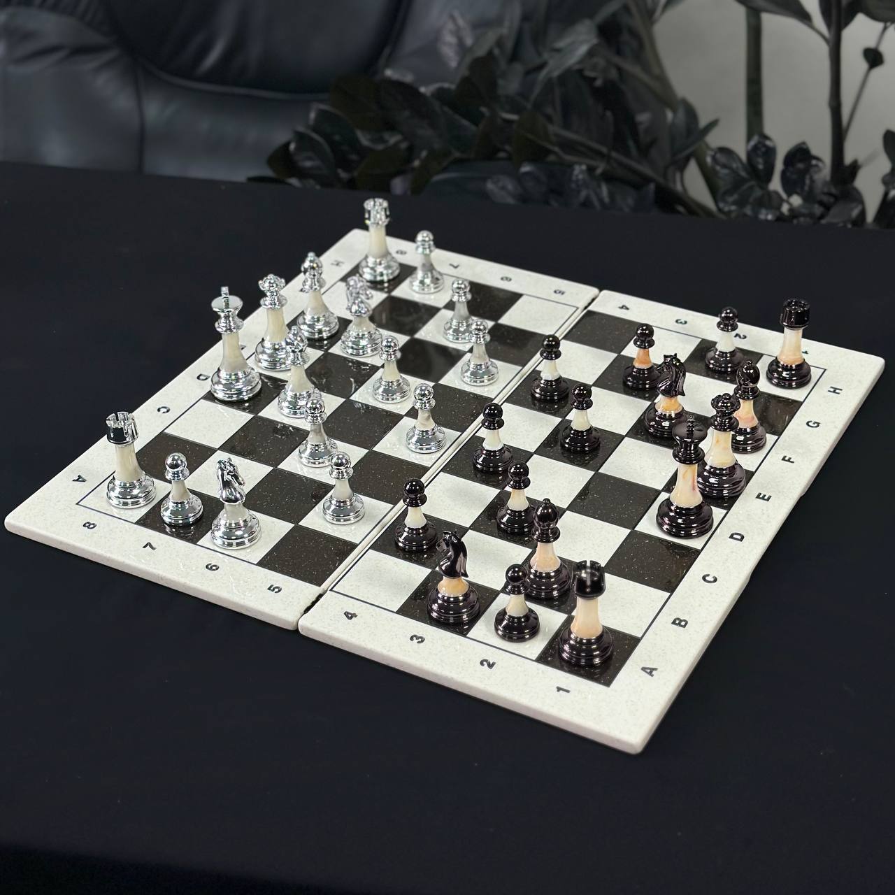 White Carved Stone Chess Backgammon & Checkers Set – Medium 19”