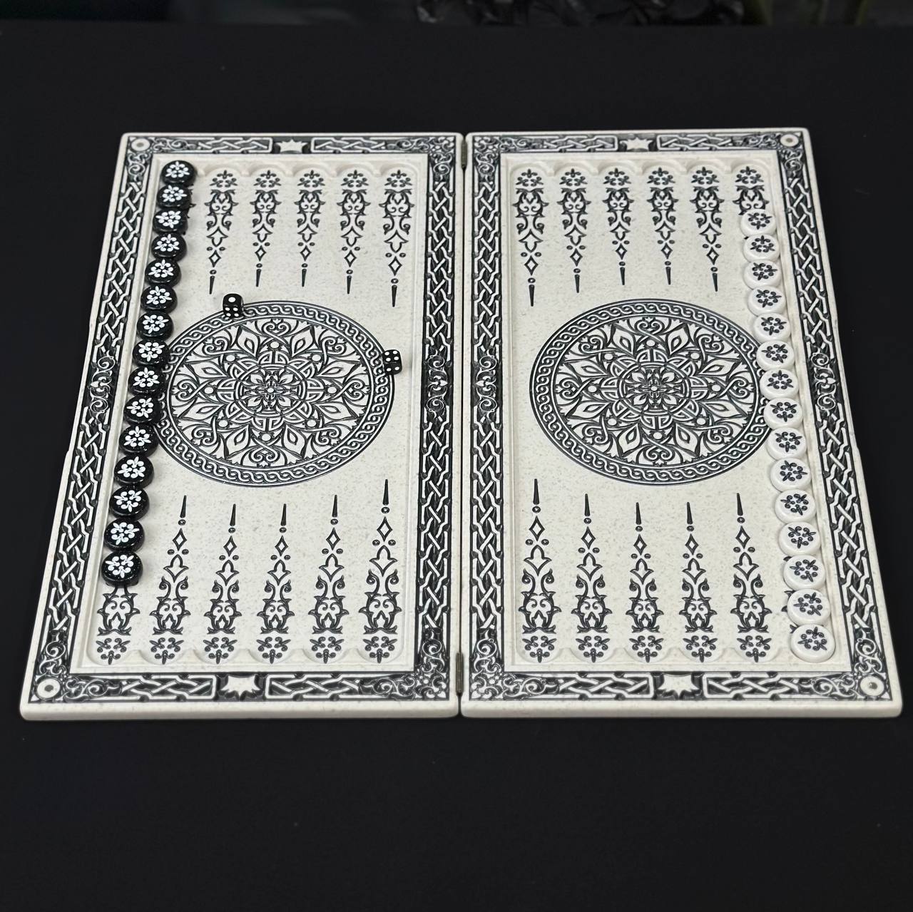 White Carved Stone Chess Backgammon & Checkers Set – Medium 19”