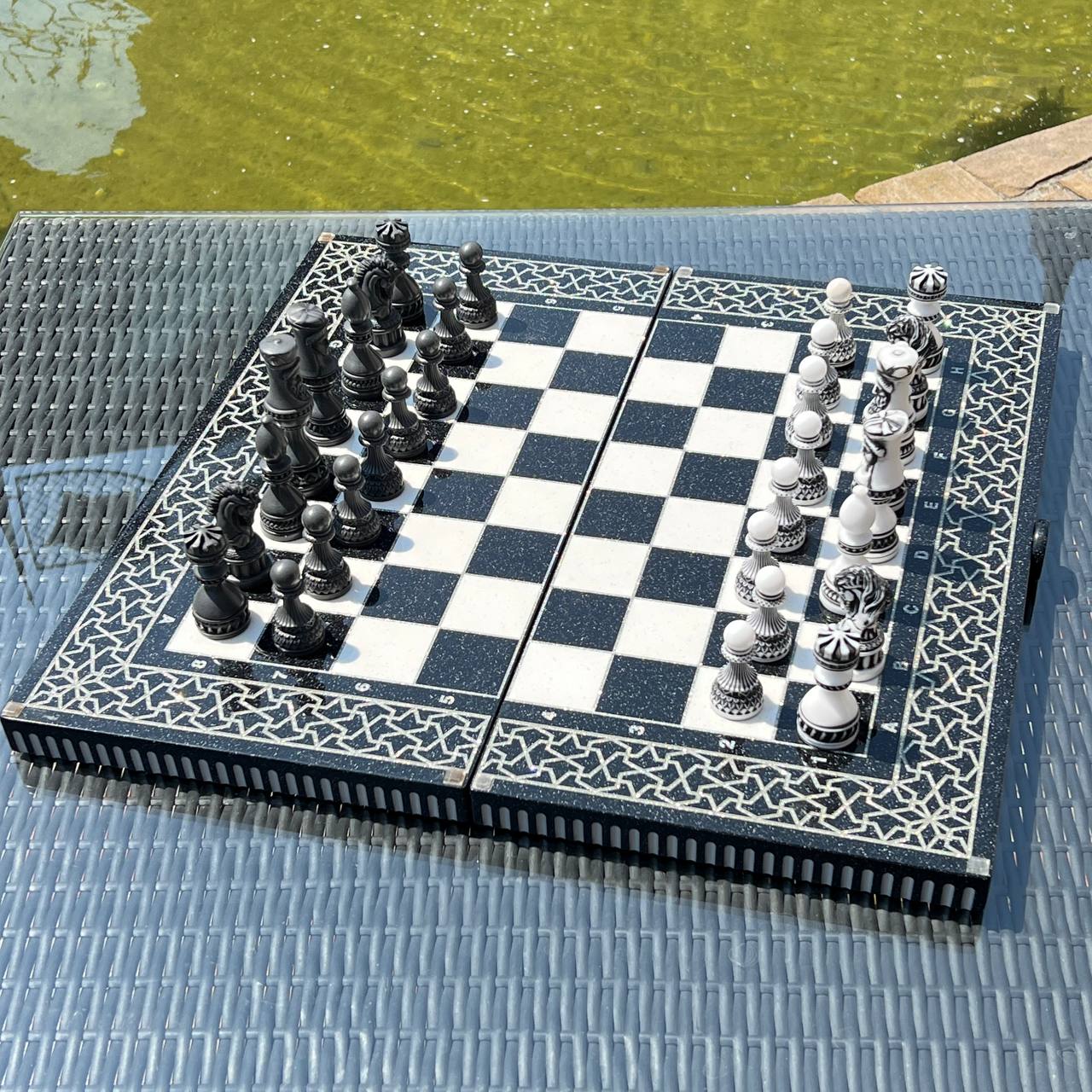 Black & White Stone Chess Set with Storage Case – Large 22”