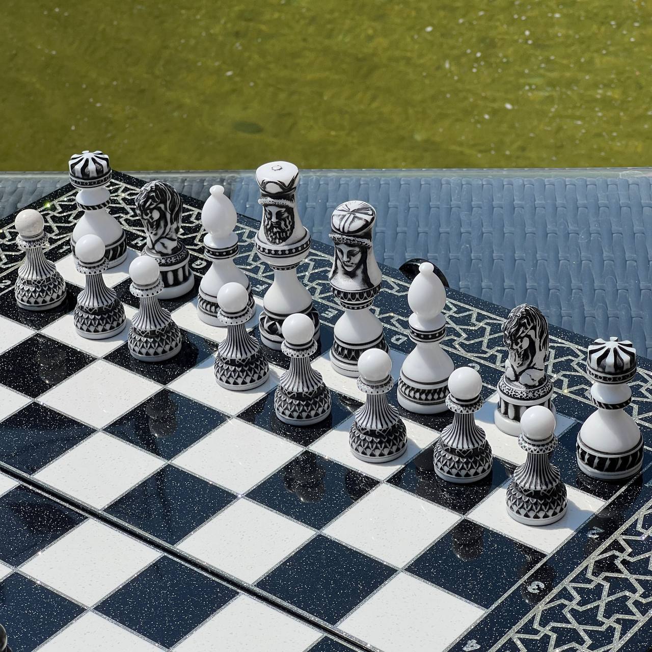 Black & White Stone Chess Set with Storage Case – Large 22”