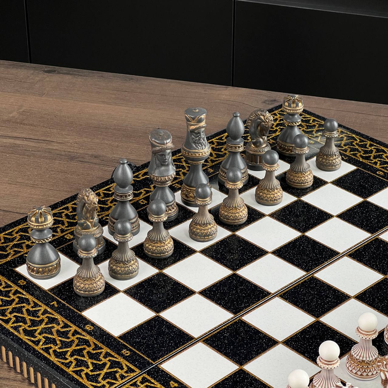 Black & Gold Stone Chess Set with Storage Case – Large 22”