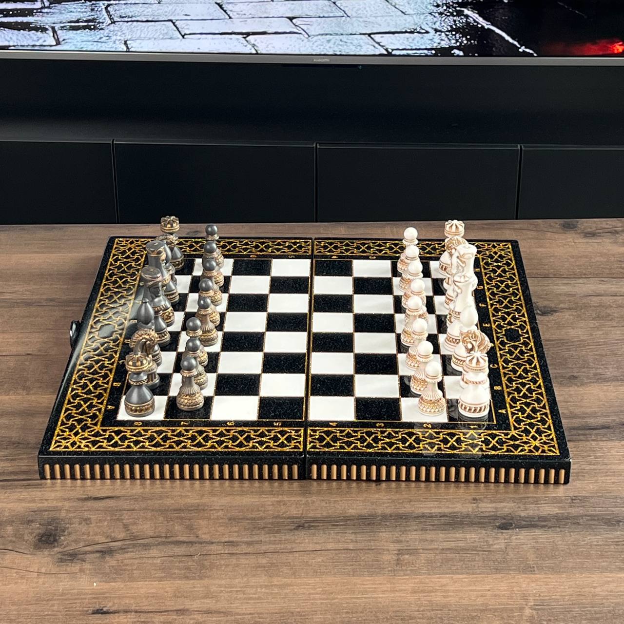 Black & Gold Stone Chess Set with Storage Case – Large 22”