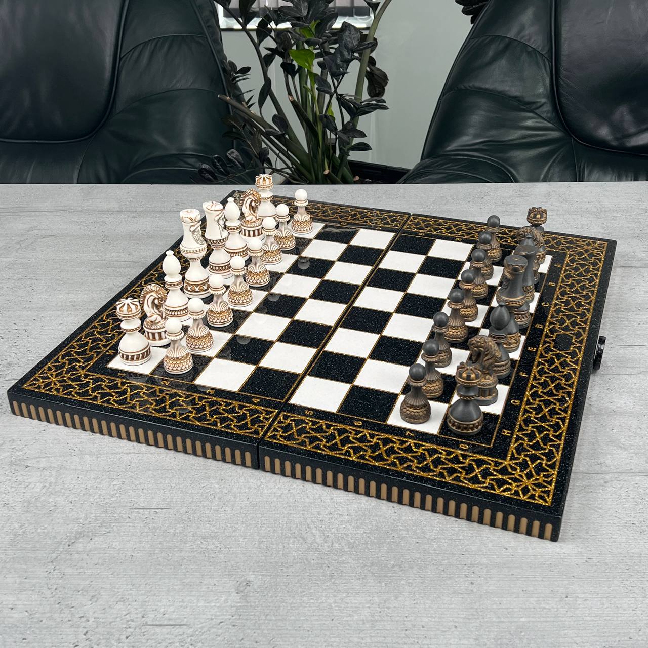 Black & Gold Stone Chess Set with Storage Case – Large 22”