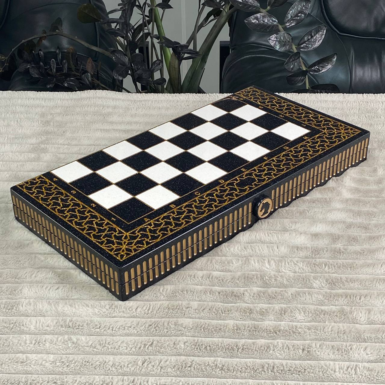 Black & Gold Stone Chess Set with Storage Case – Large 22”
