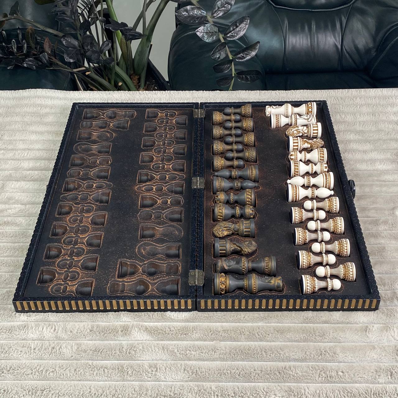 Black & Gold Stone Chess Set with Storage Case – Large 22”