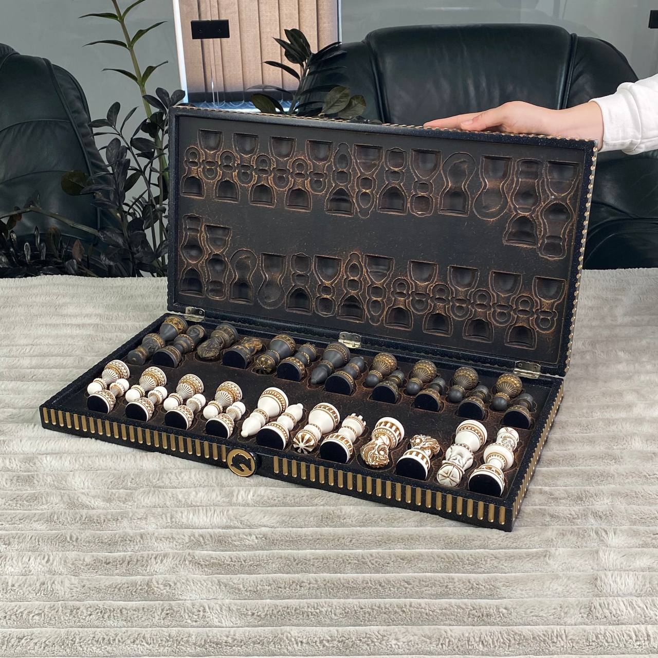 Black & Gold Stone Chess Set with Storage Case – Large 22”