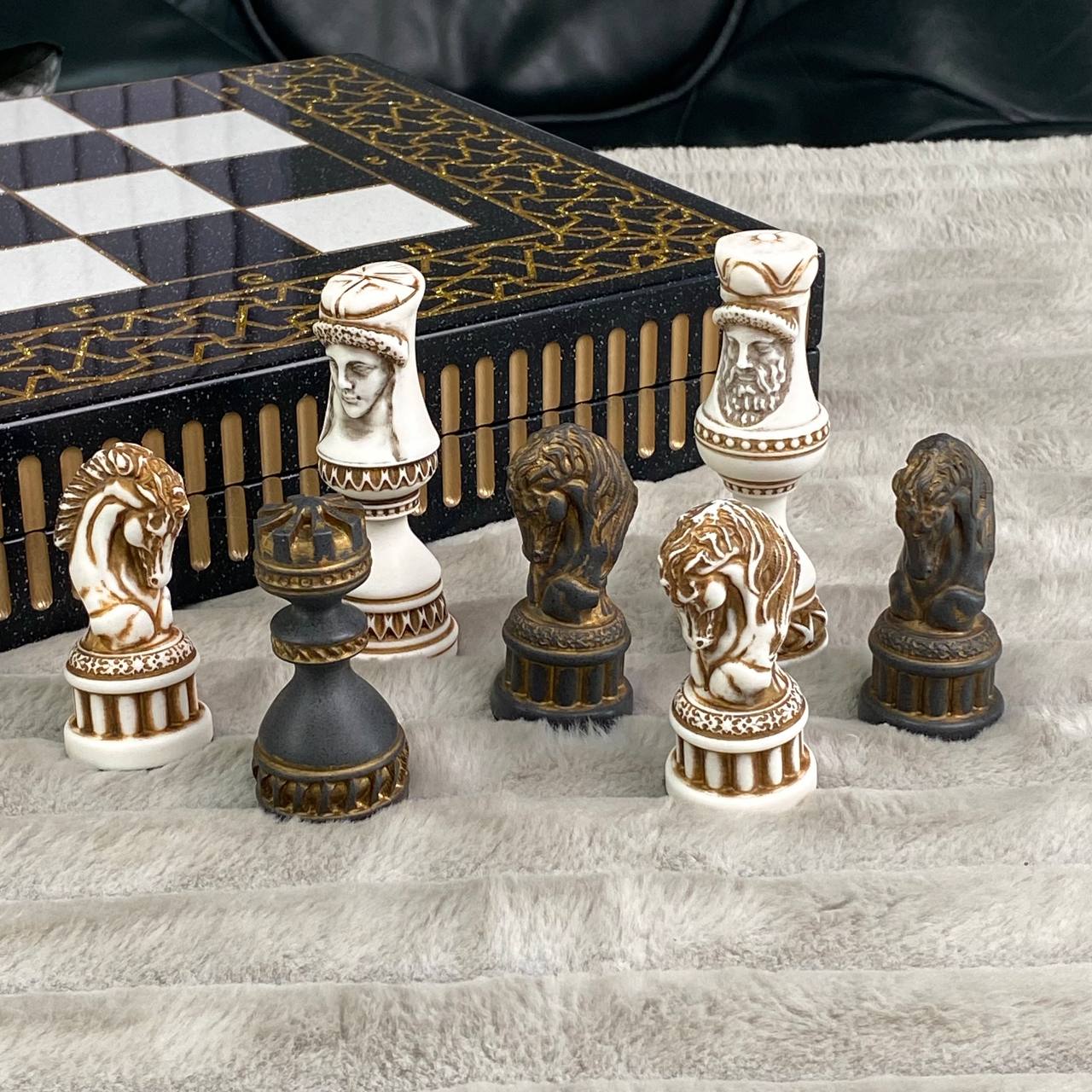 Black & Gold Stone Chess Set with Storage Case – Large 22”