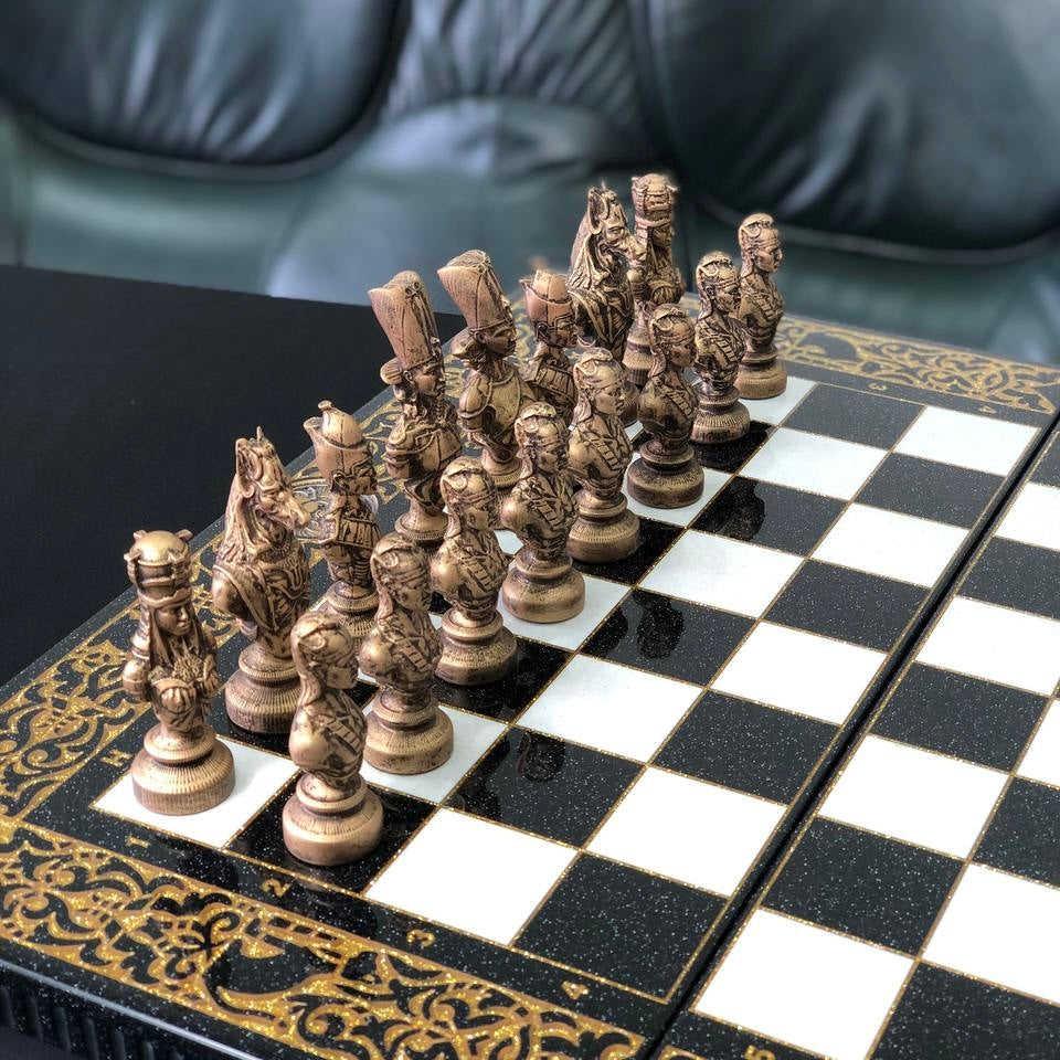 Egyptian Collection Stone Chess Set with Storage Case – Large 23”
