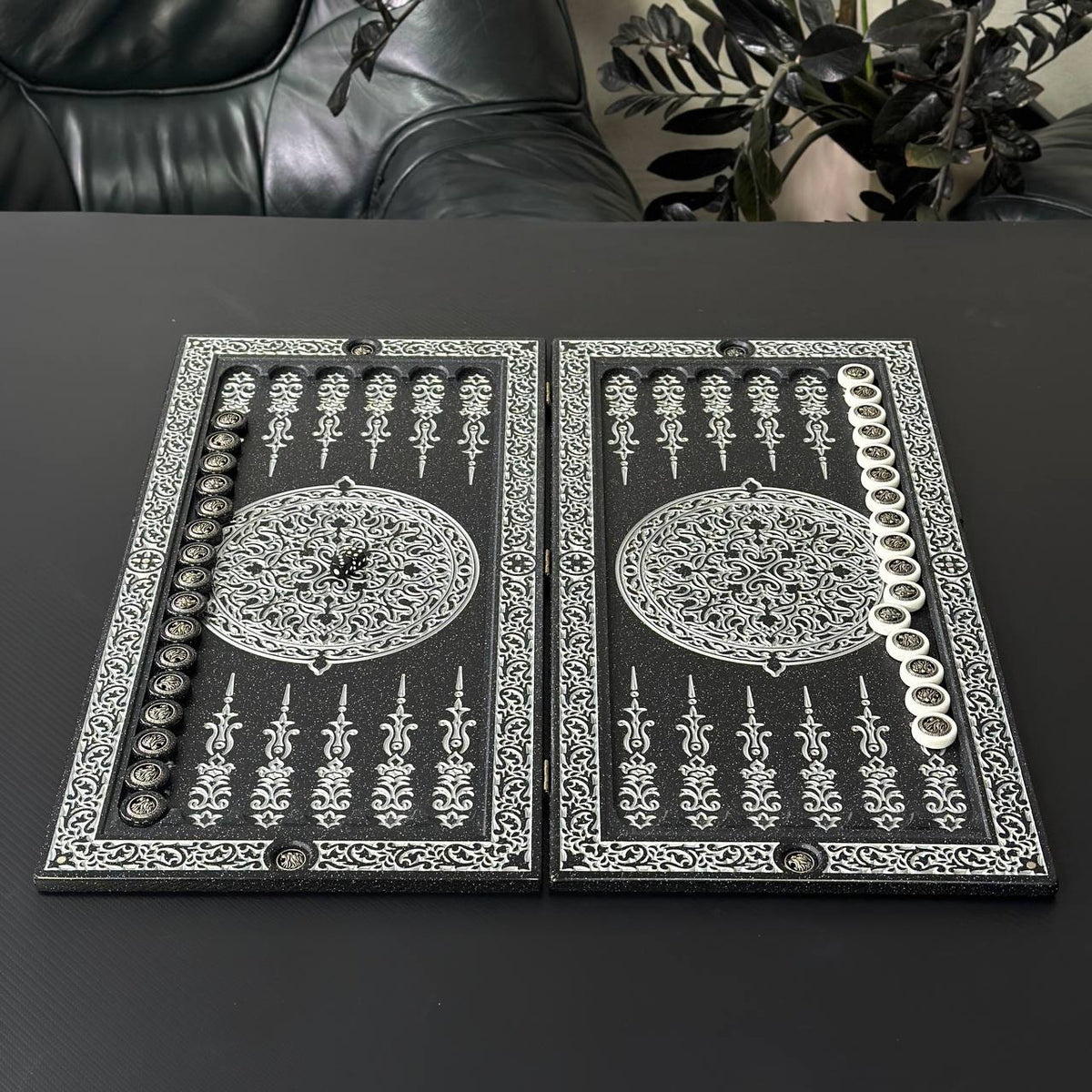 Silver Lion Black Stone Backgammon Set