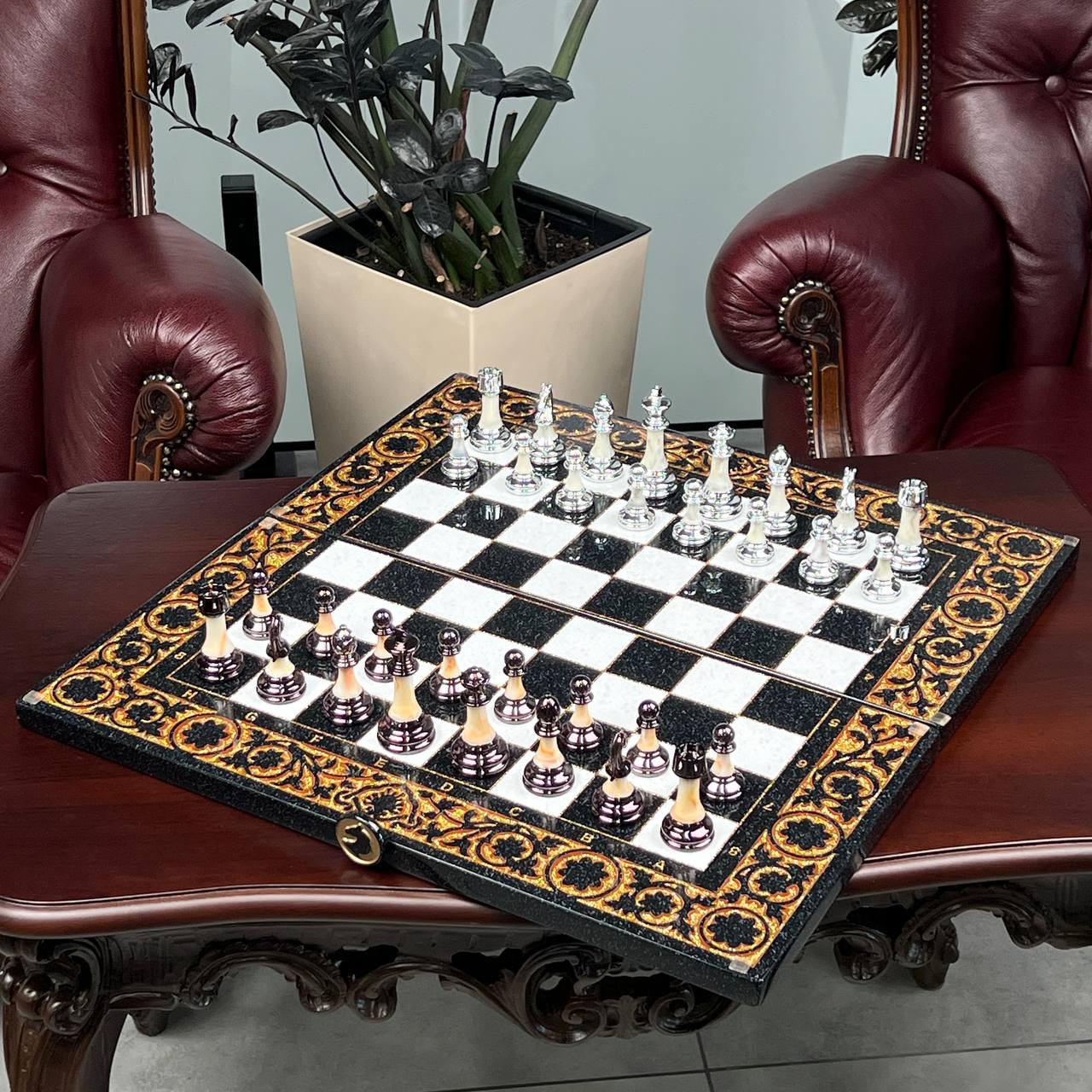 Luxury Gold Classic 3-in-1 Stone Chess & Backgammon Set –  22”
