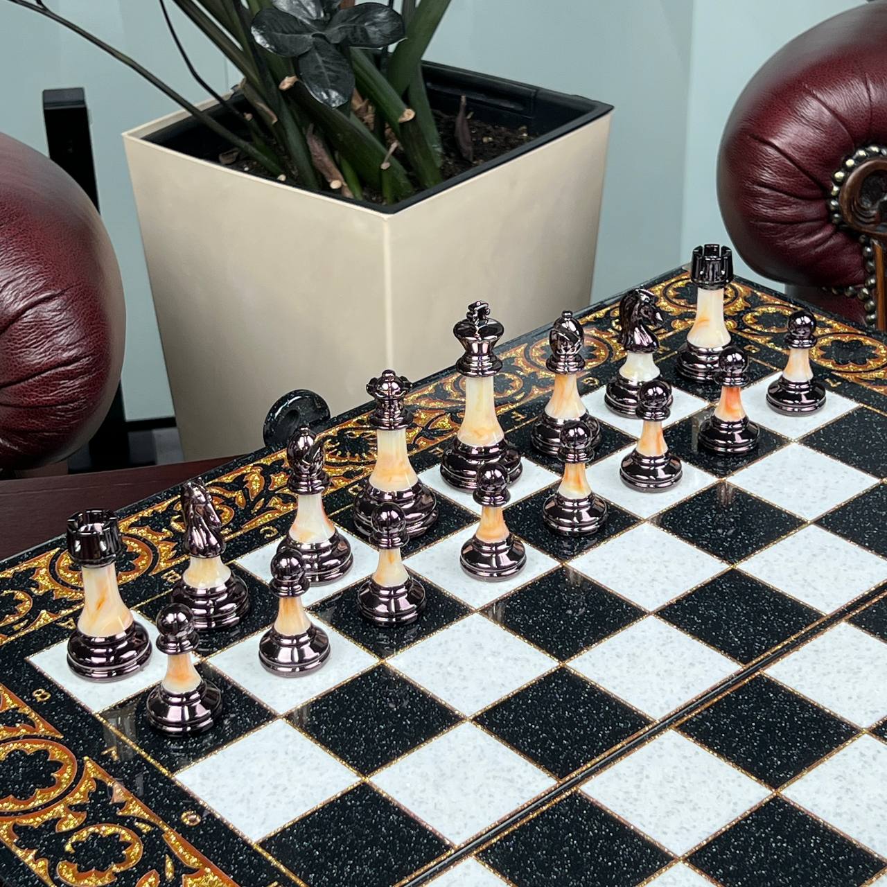 Luxury Gold Classic 3-in-1 Stone Chess & Backgammon Set –  22”