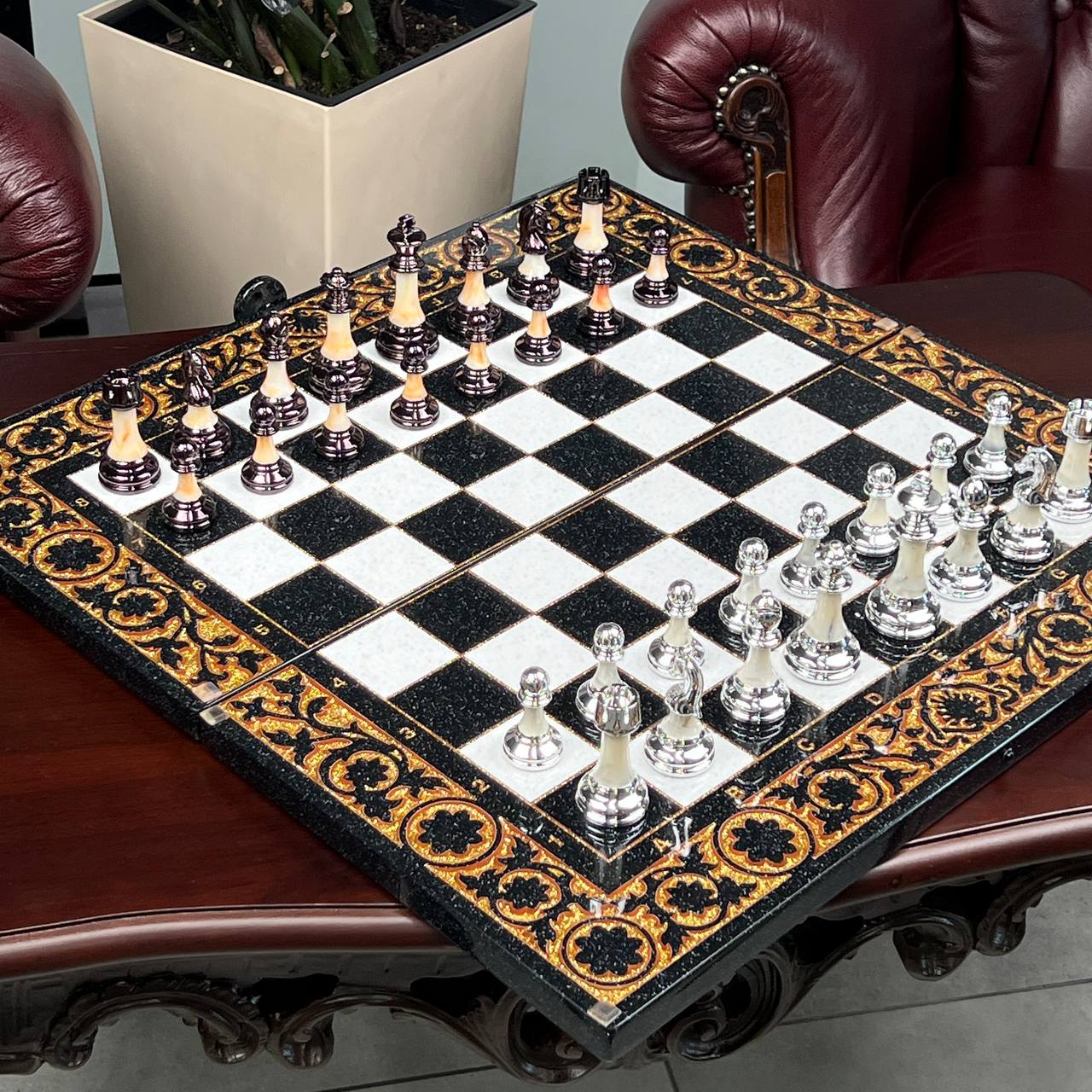 Luxury Gold Classic 3-in-1 Stone Chess & Backgammon Set –  22”