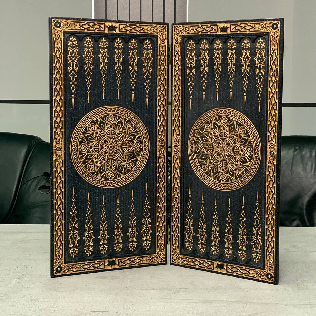 Golden Ornament Black Stone Backgammon Set