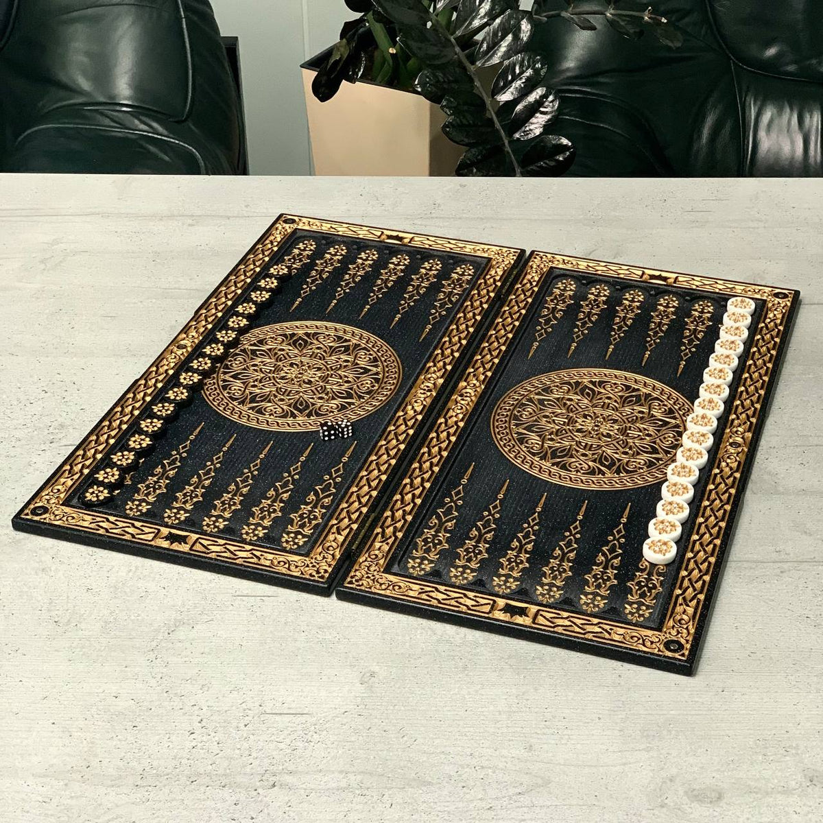 Golden Ornament Black Stone Backgammon Set