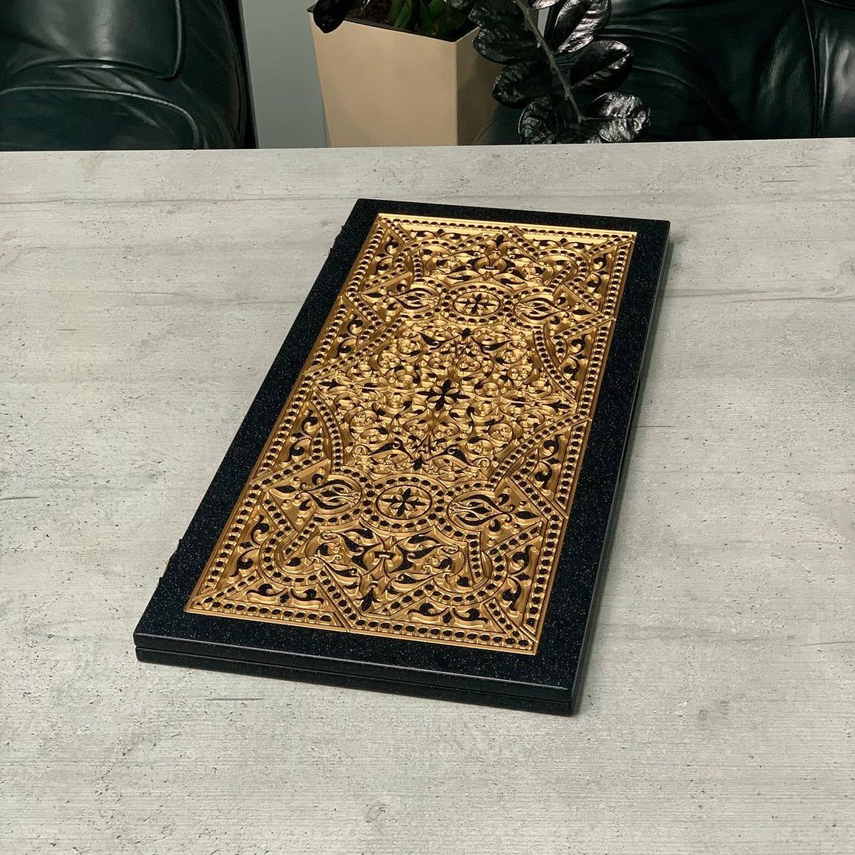 Golden Ornament Black Stone Backgammon Set