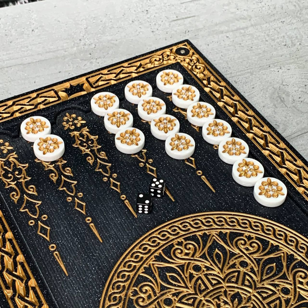 Golden Ornament Black Stone Backgammon Set