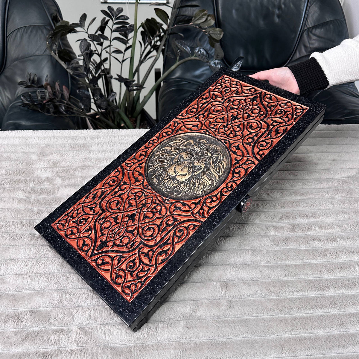 Carved Red Golden Lion Stone Backgammon Set Premium Edition – Large 24”