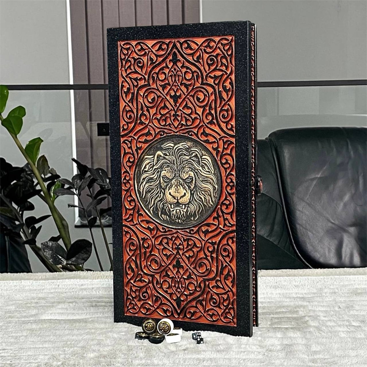 Carved Red Golden Lion Stone Backgammon Set Premium Edition – Large 24”