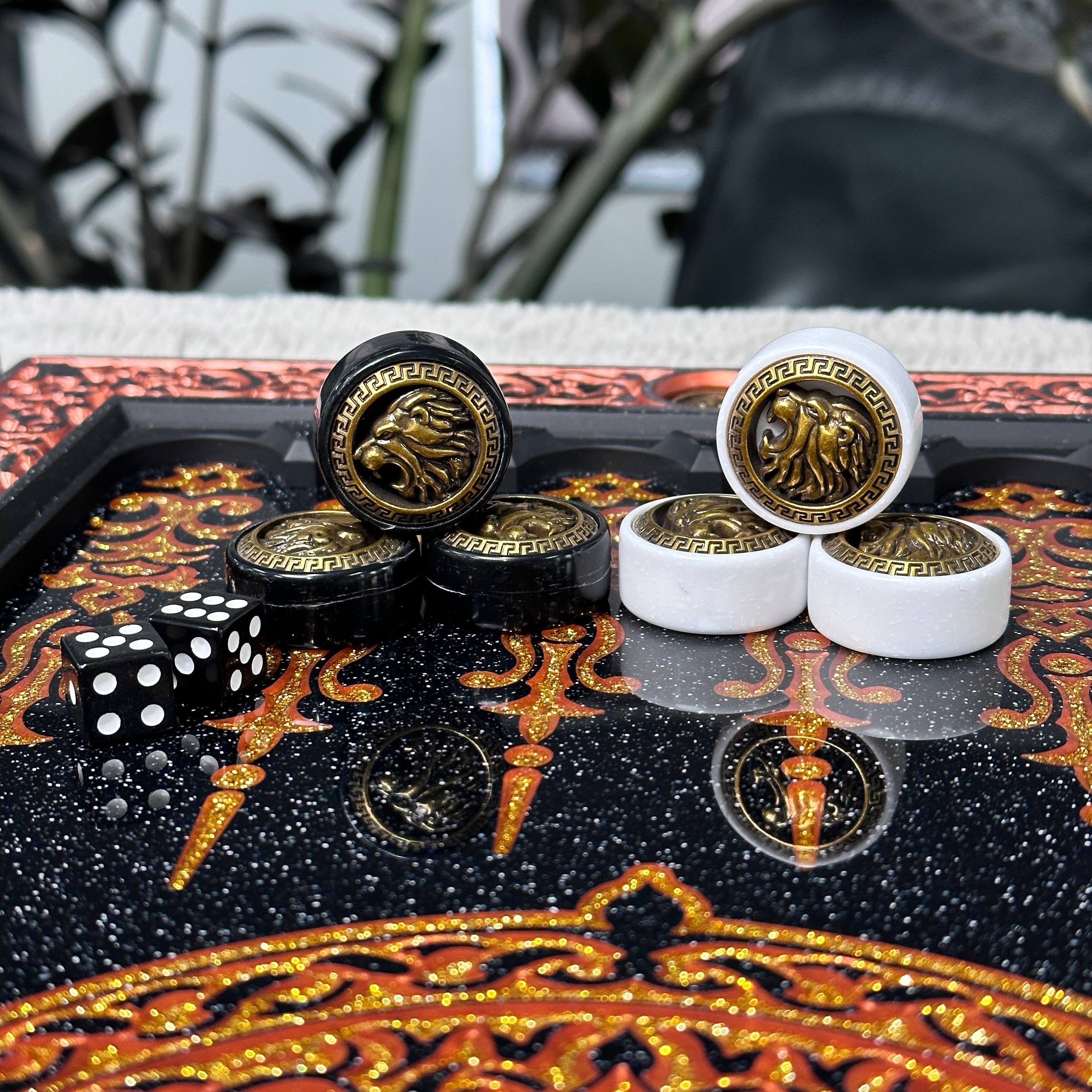 Carved Red Golden Lion Stone Backgammon Set Premium Edition – Large 24”