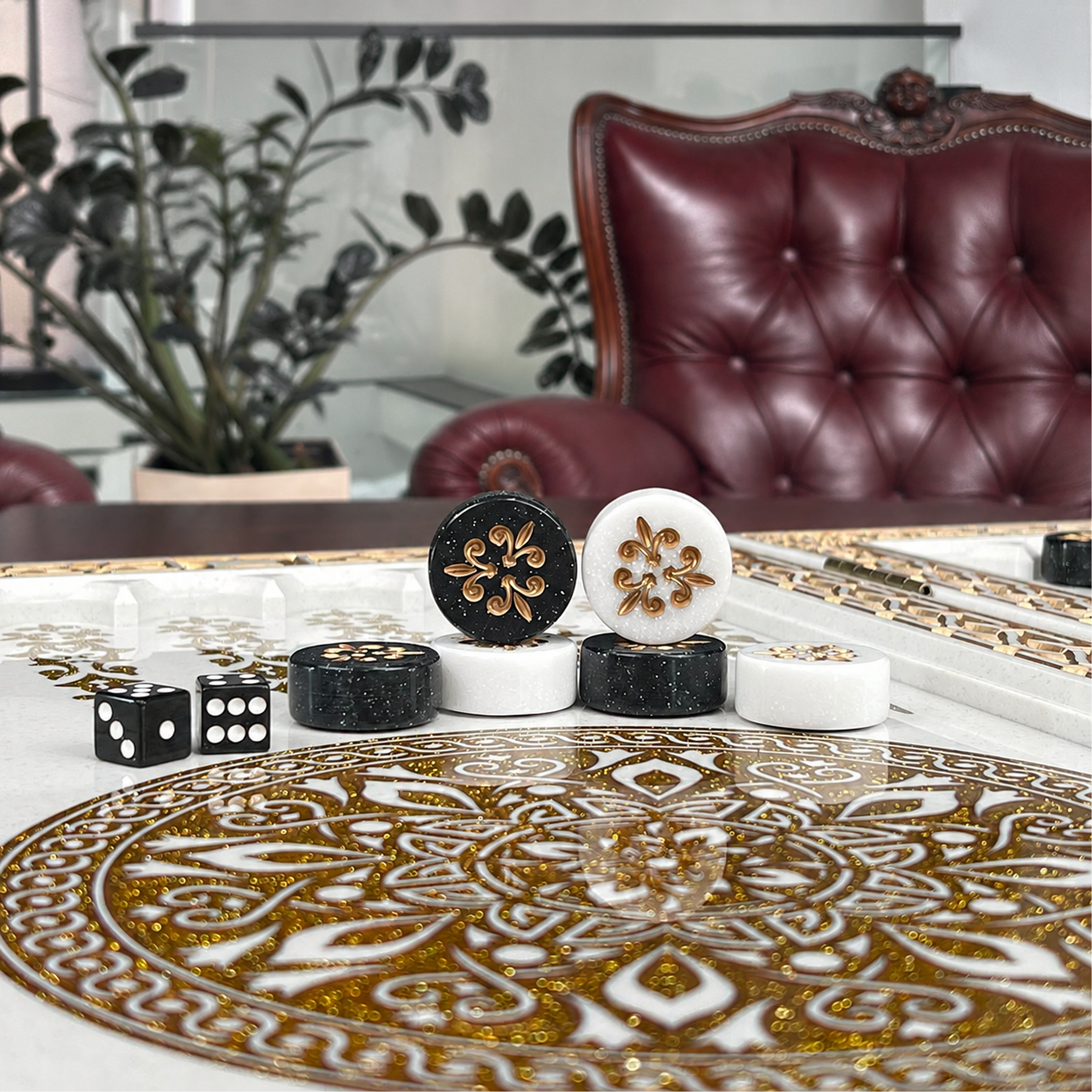 Ornamental White Stone Backgammon Set – Large 24”
