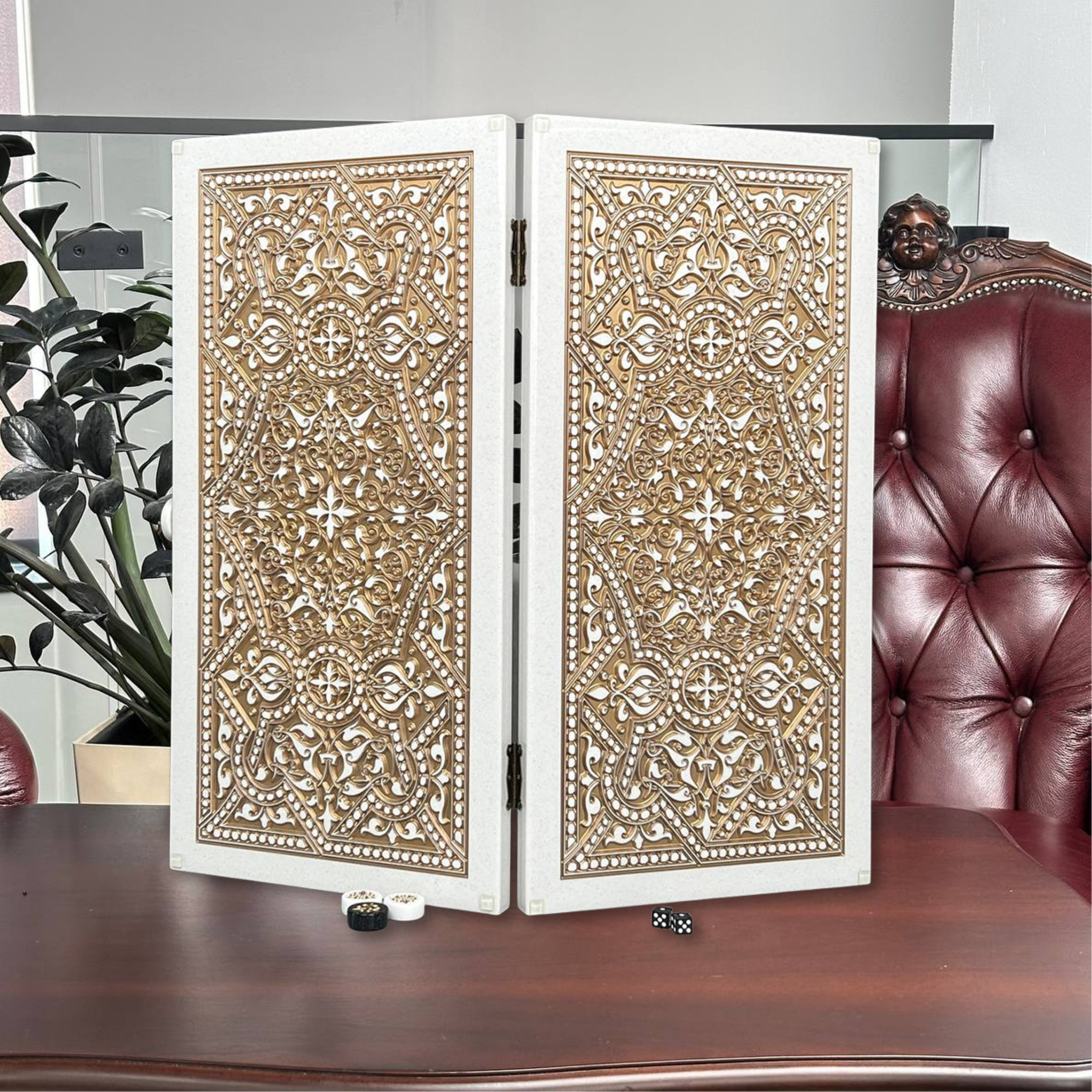 Ornamental White Stone Backgammon Set – Large 24”