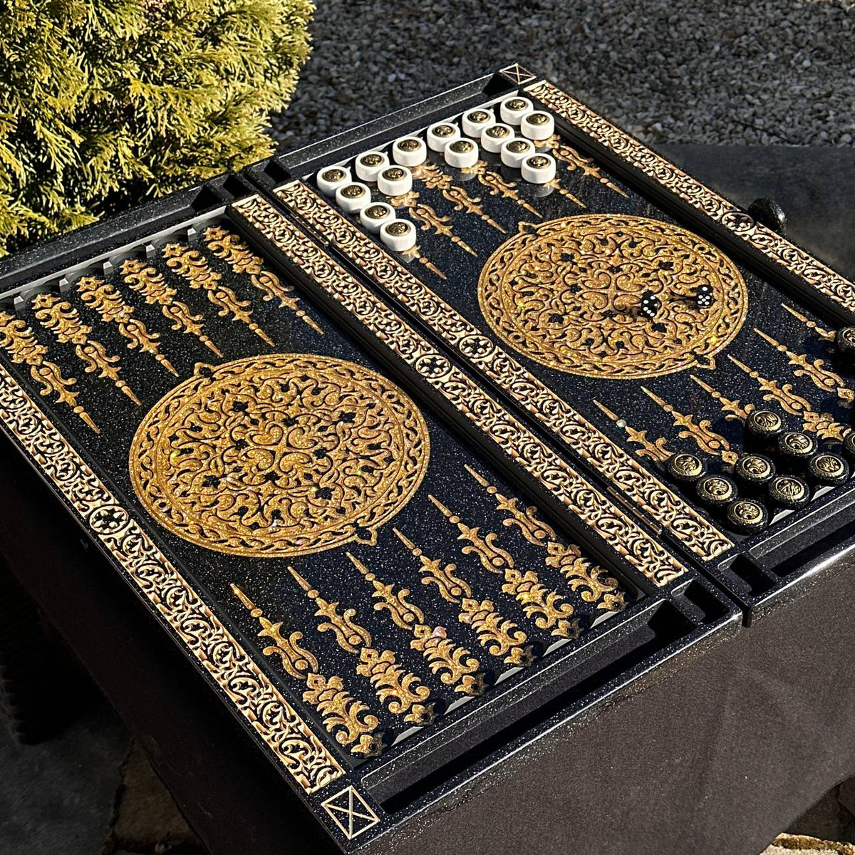 Black and Gold Ornamental Stone Backgammon Set Premium Edition – Large 24”