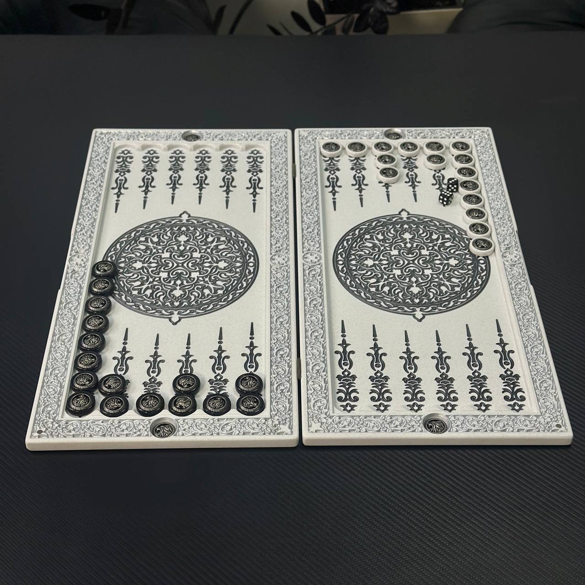 White Stone Backgammon Set – Silver Lion Design | Multiple Sizes