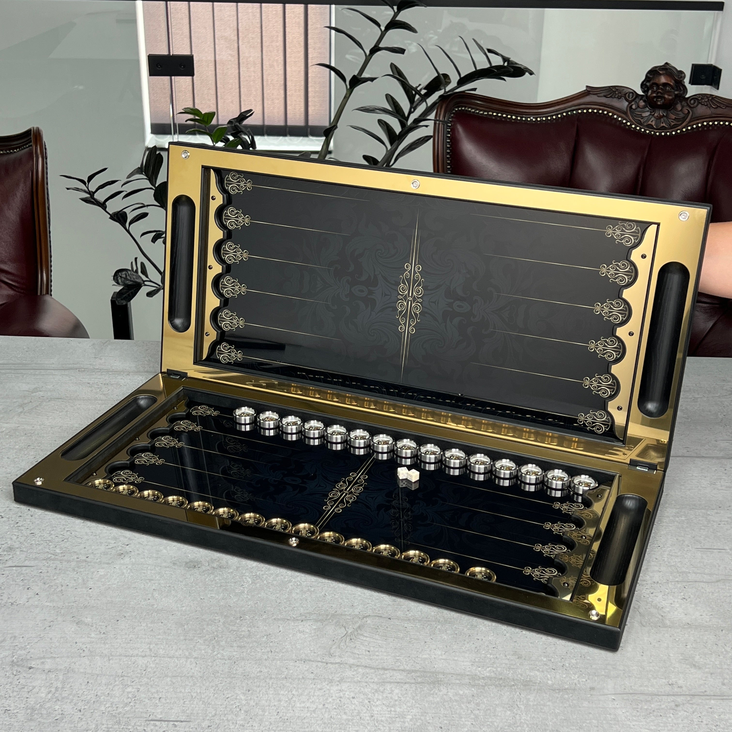 Premium Gold Metal Wind Rose Backgammon Set – Large 25”