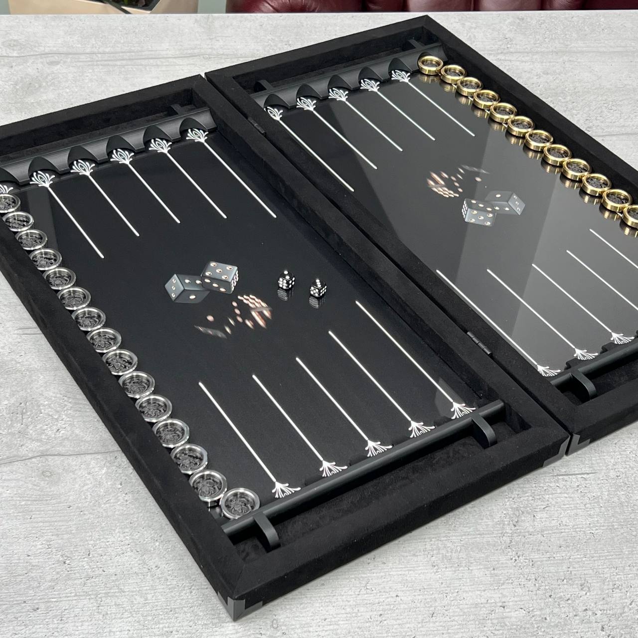 Exclusive Handmade Metal and Carbon Backgammon Set 60*30cm with metal pieces, Gift-ready VIP
