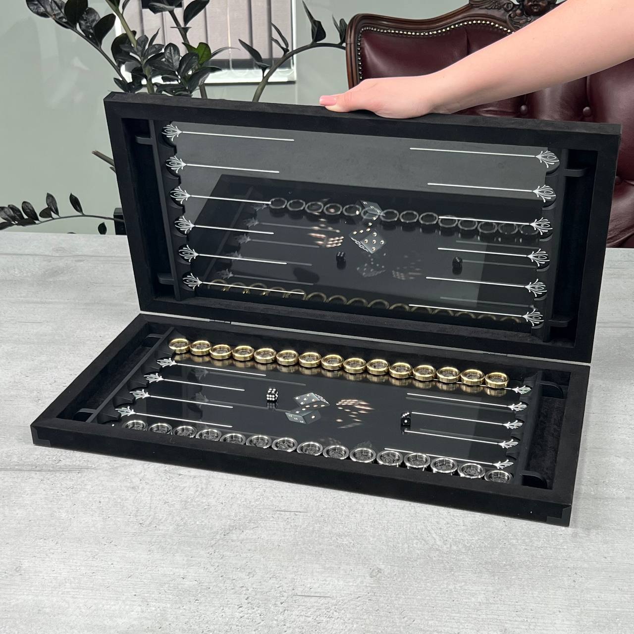 Exclusive Handmade Metal and Carbon Backgammon Set 60*30cm with metal pieces, Gift-ready VIP