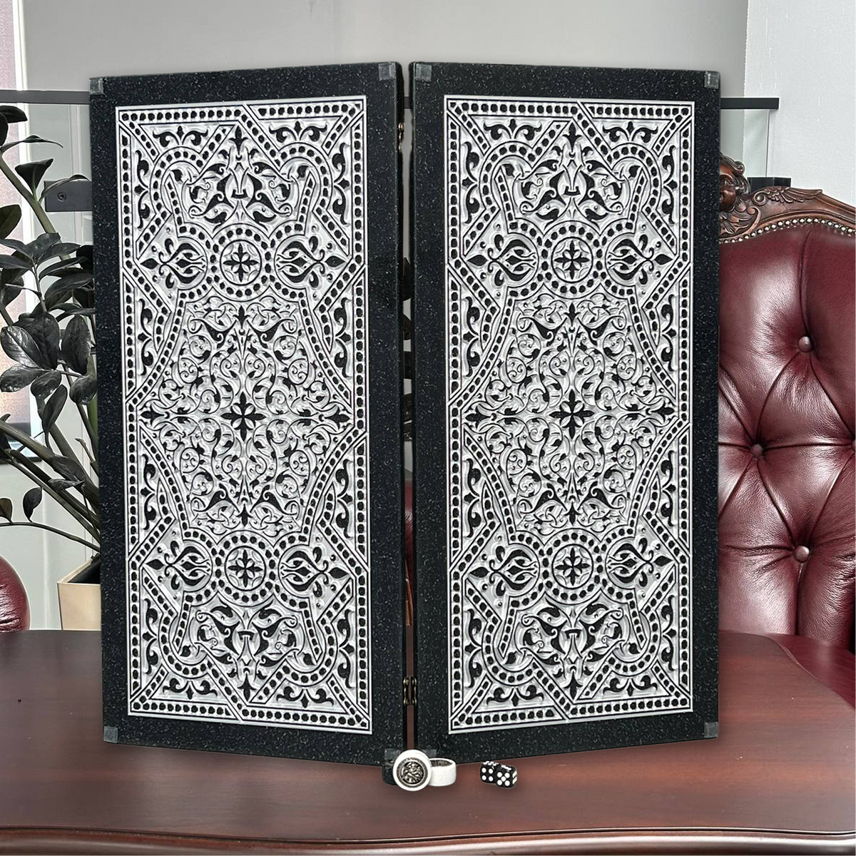 Silver Ornament Black Stone Backgammon Set