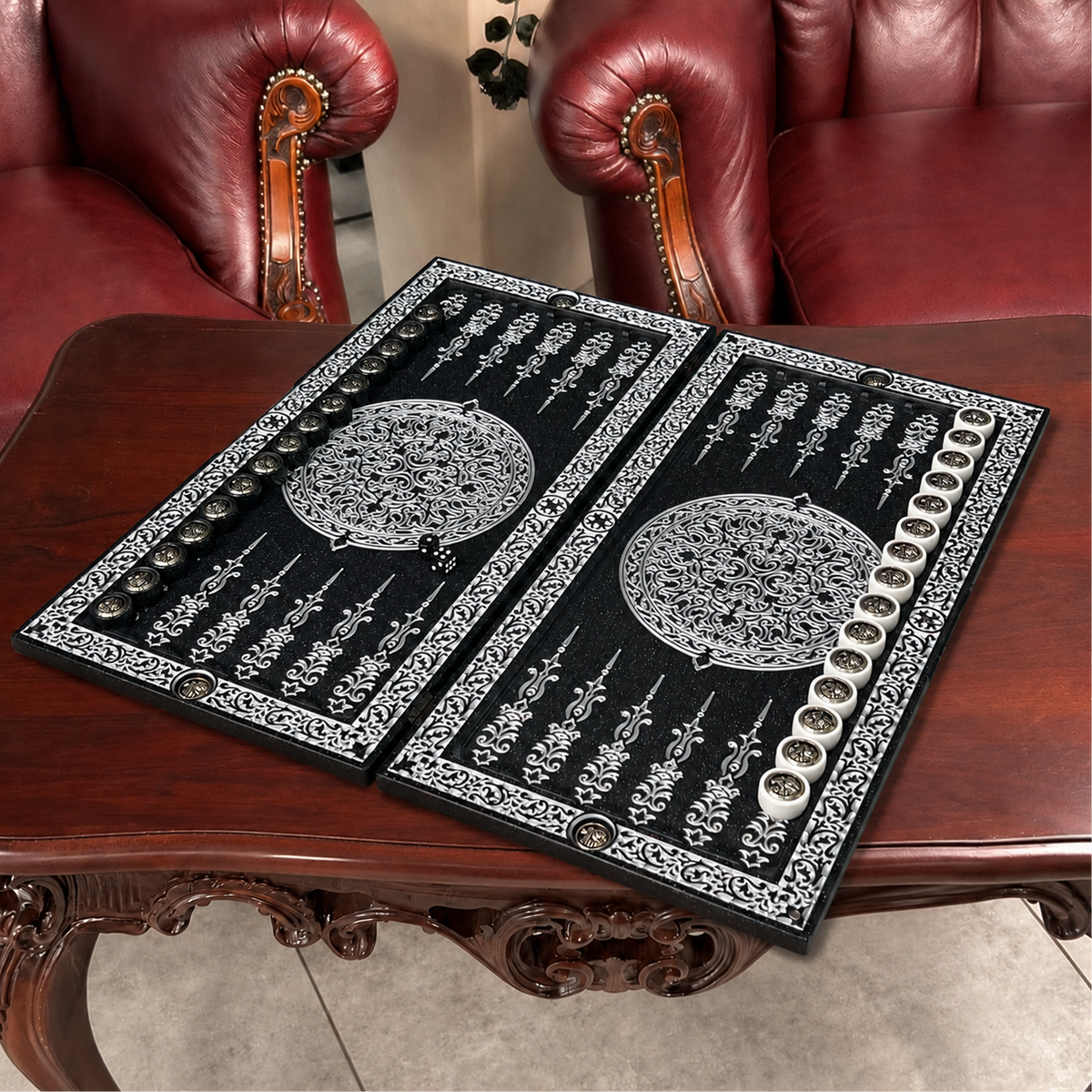 Silver Ornament Black Stone Backgammon Set