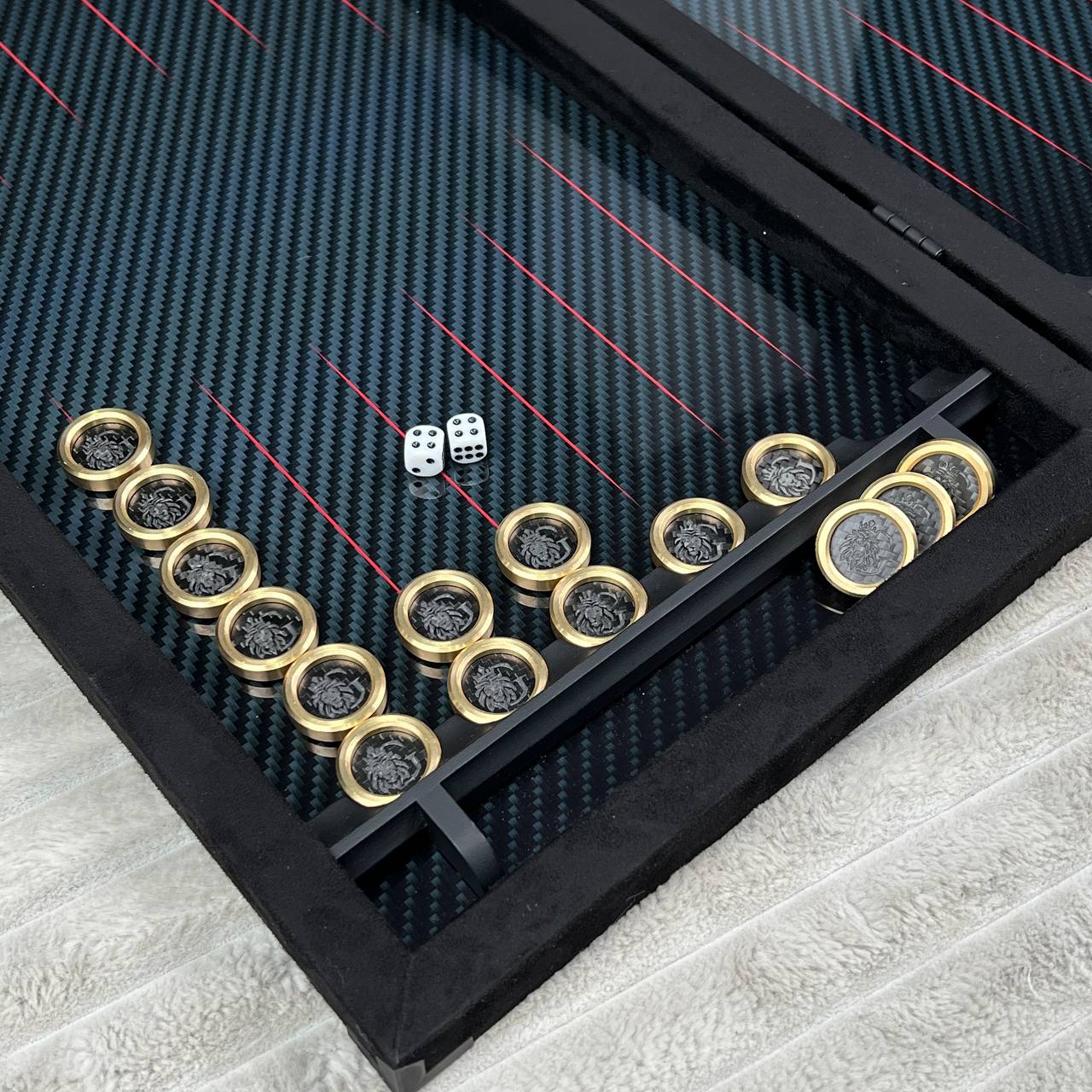 Luxurious Handmade Metal and Carbon Backgammon Set 60*30cm, Gift-ready VIP, red lines
