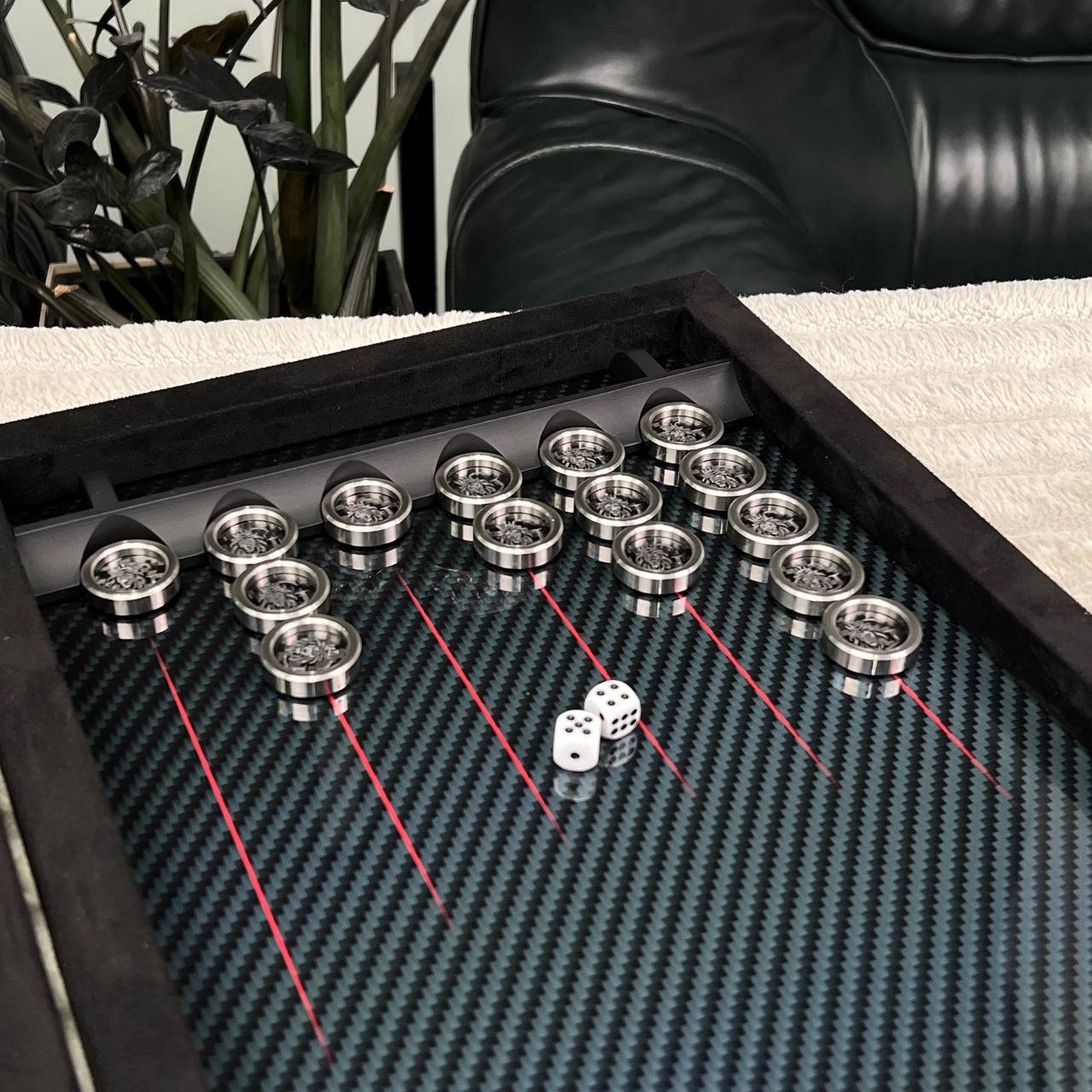 Luxurious Handmade Metal and Carbon Backgammon Set 60*30cm, Gift-ready VIP, red lines