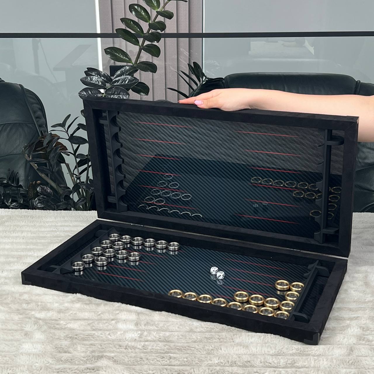 Luxurious Handmade Metal and Carbon Backgammon Set 60*30cm, Gift-ready VIP, red lines