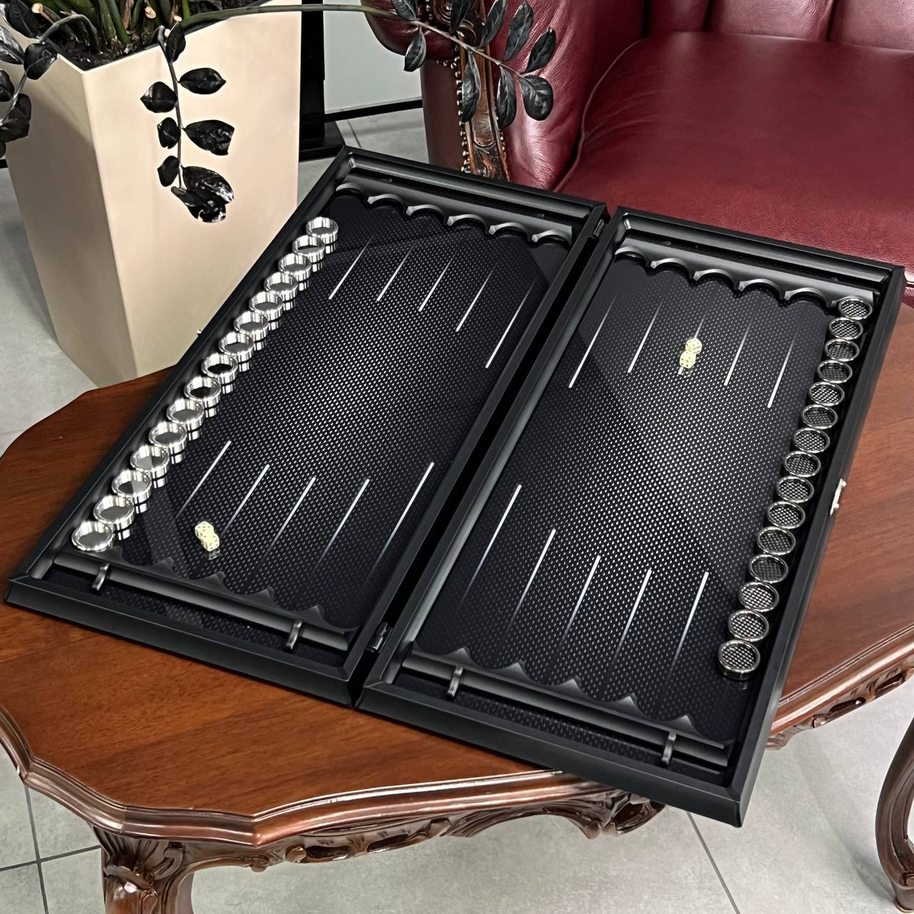 Exclusive Glass Backgammon with PREMIUM CHEKERS "Carbon-design" 61×27 cm, Gift-ready