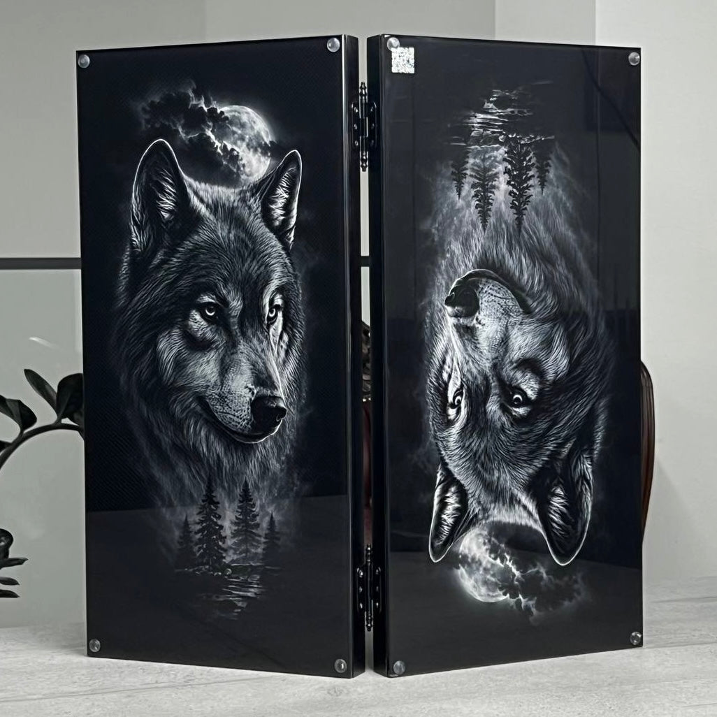 Wolf & Moon Collection Glass & Wood Backgammon Set