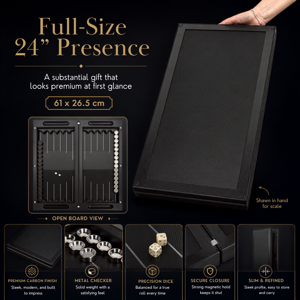 Jeu de backgammon de luxe VIP en carbone avec base en aluminium et carbone, 61 x 26,5 cm, prêt à offrir
