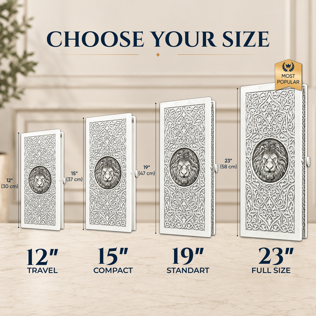 White Stone Backgammon Set – Silver Lion Design | Multiple Sizes