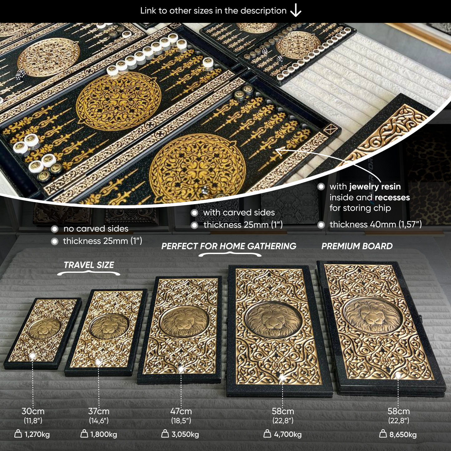 Luxury Black Acrylic Stone Backgammon "Golden Lion" 58*28cm Premium Board Gift-ready
