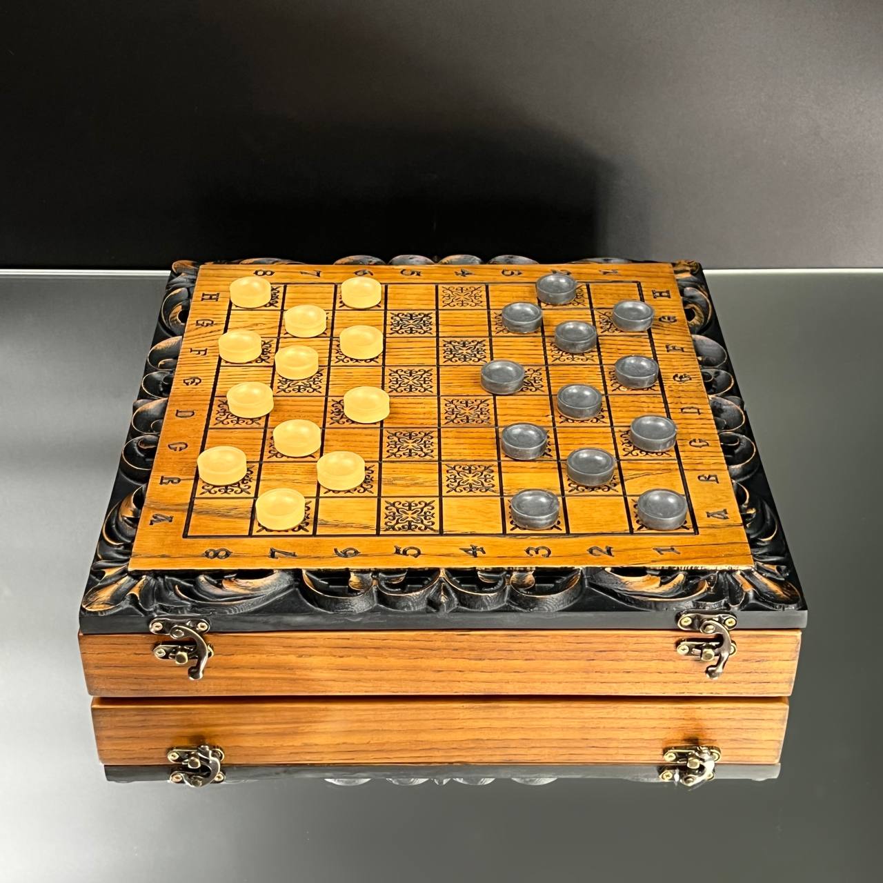 Lion Wooden Chess Set with Checkers – Handcrafted Oak – 13"