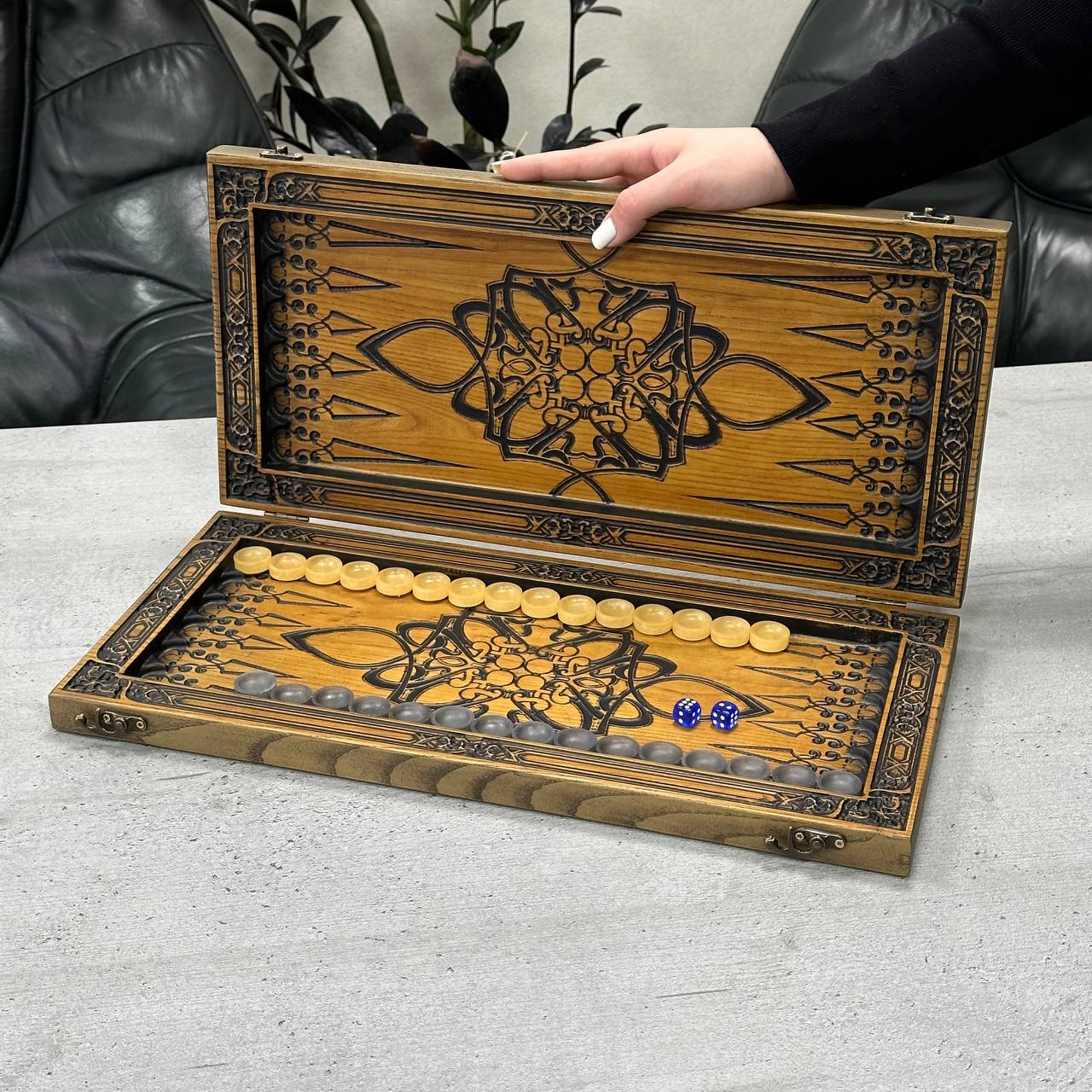 Wooden backgammon board game set "Wolf", Gift-ready and Customized.