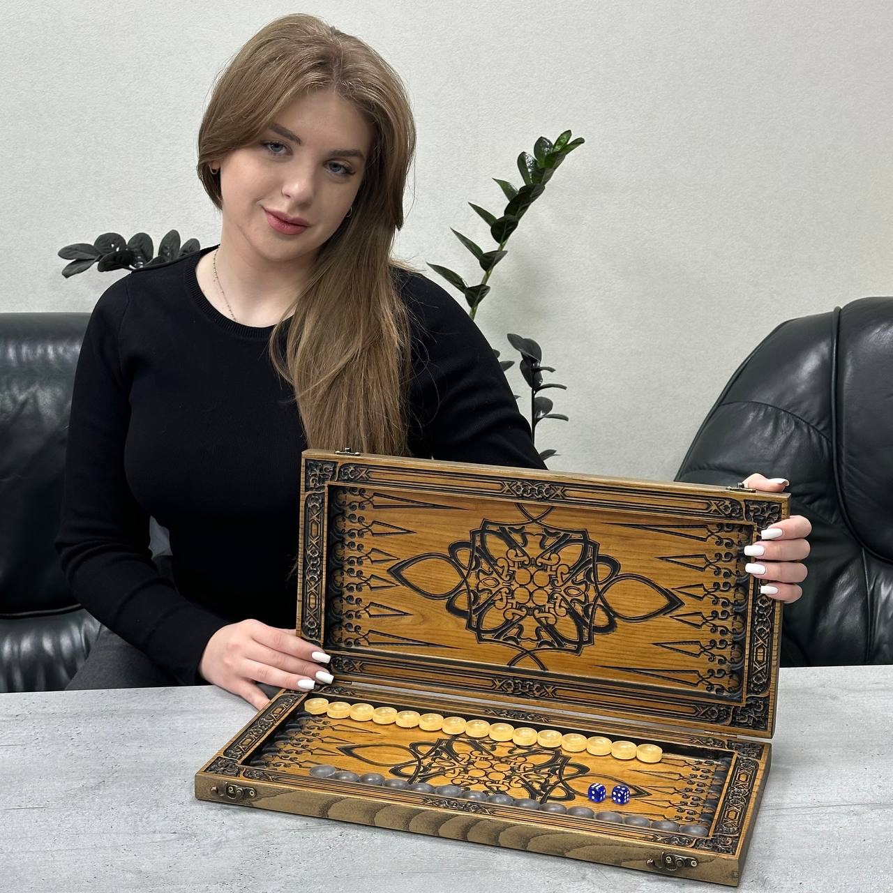 Wooden backgammon board game set "Wolf", Gift-ready and Customized.