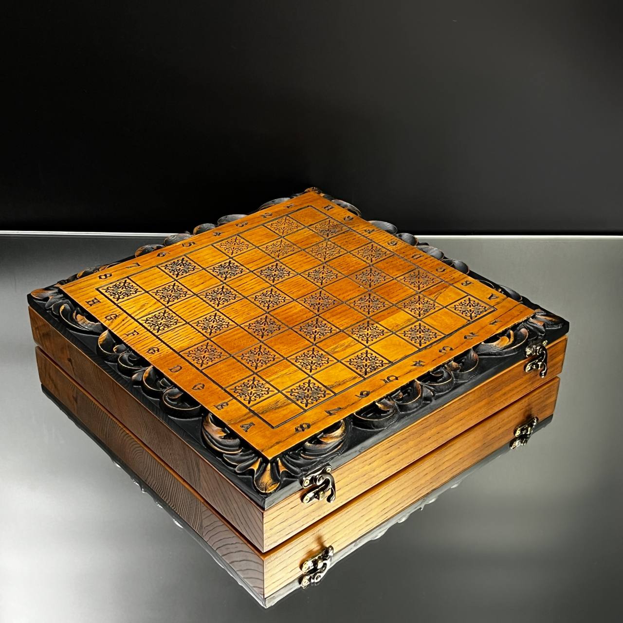 Lion Wooden Chess Set with Checkers – Handcrafted Oak – 13"
