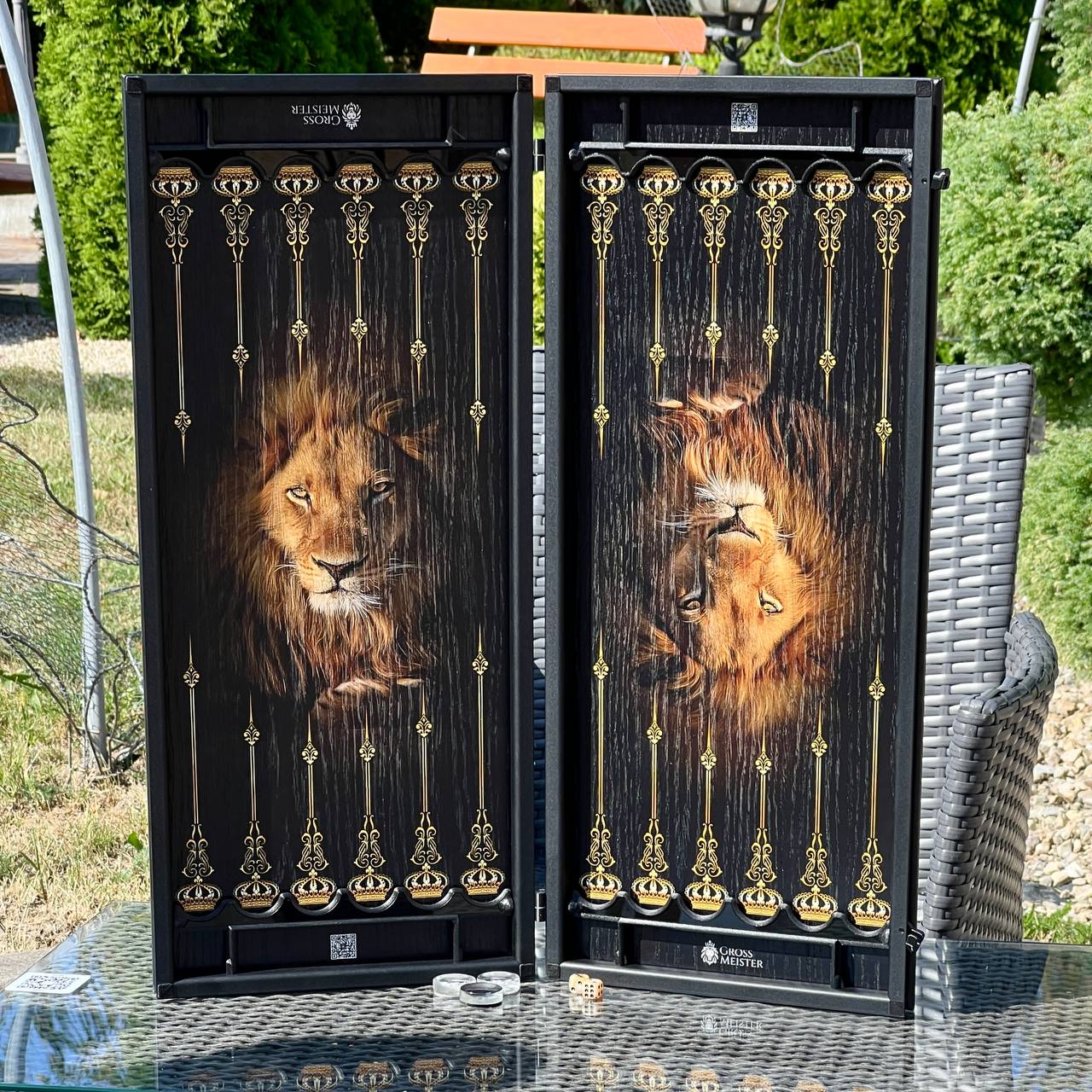 Lion Wooden Backgammon Set – Oak & Aluminum, Large 24"